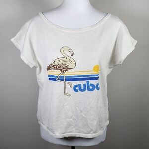 Cuba Flamingo Shirt‎ Womens Medium Crop Top T-Shirt White Tee Cuban Cotton 90s
